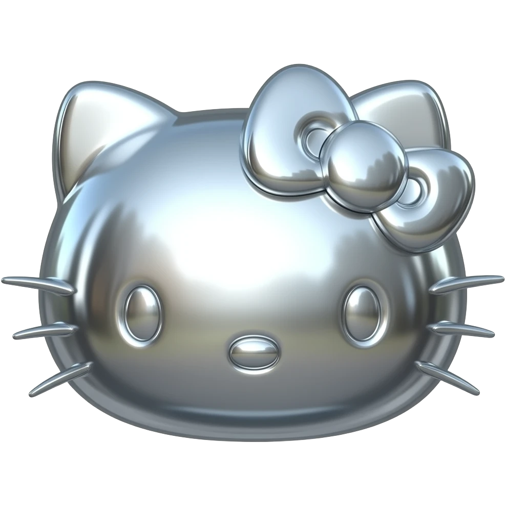 A 3D Y2K-style hello kitty head made of liquid chrome and polished silver. Sharp edges with a high-gloss metallic finish reflections. Minimalist, futuristic, and moody emoji