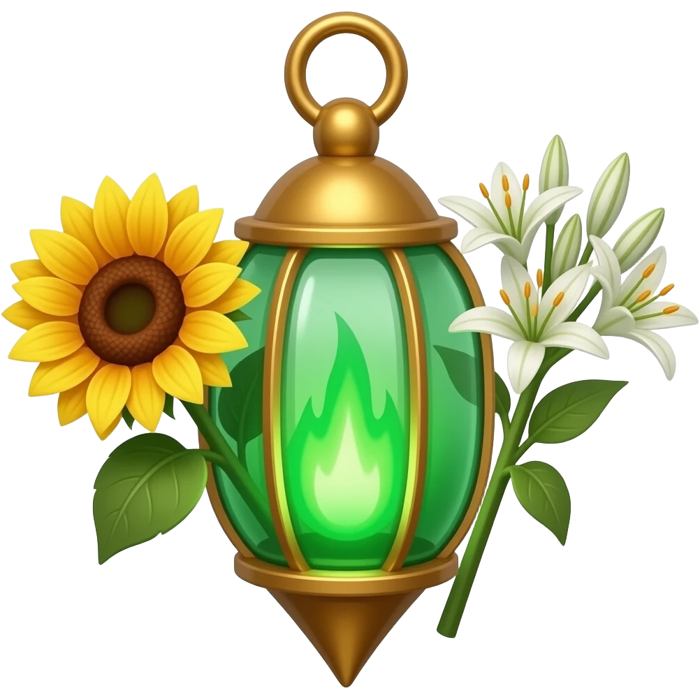 A golden hanging lantern with a bright emerald flames, an empty loop on top, blooming sunflower (l) & asphodel (r) wrapping it, focus more on the green fire, paint the glass more green, have its bottom point come to some sort of point emoji