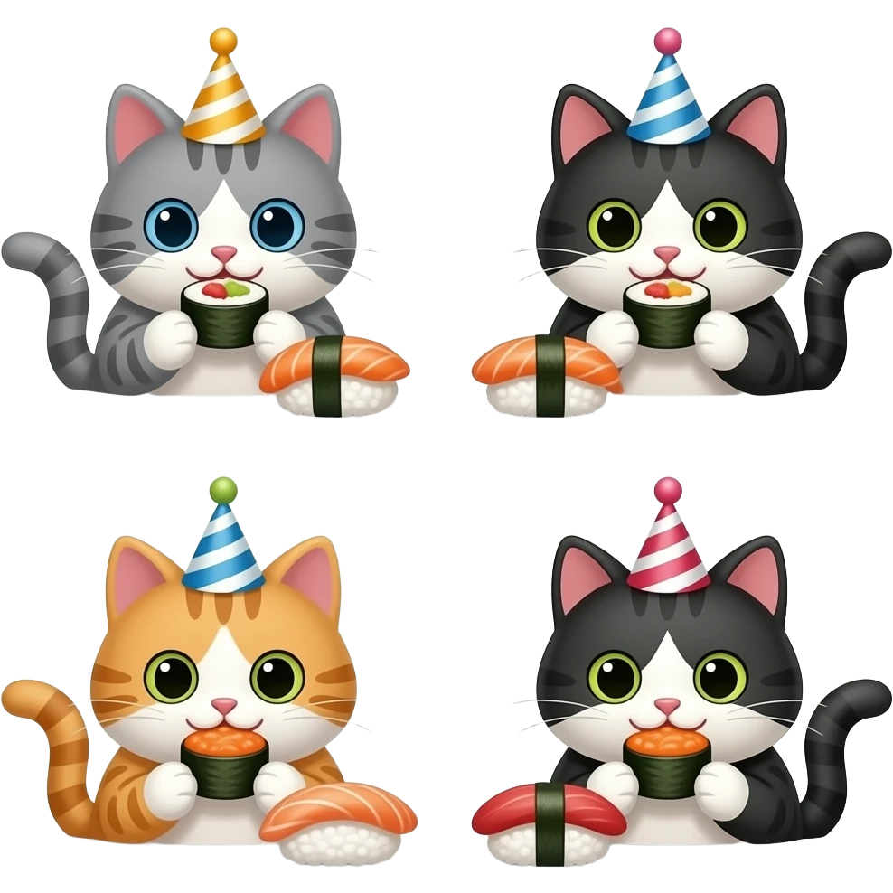 four happy birthday cats eating sushi emoji