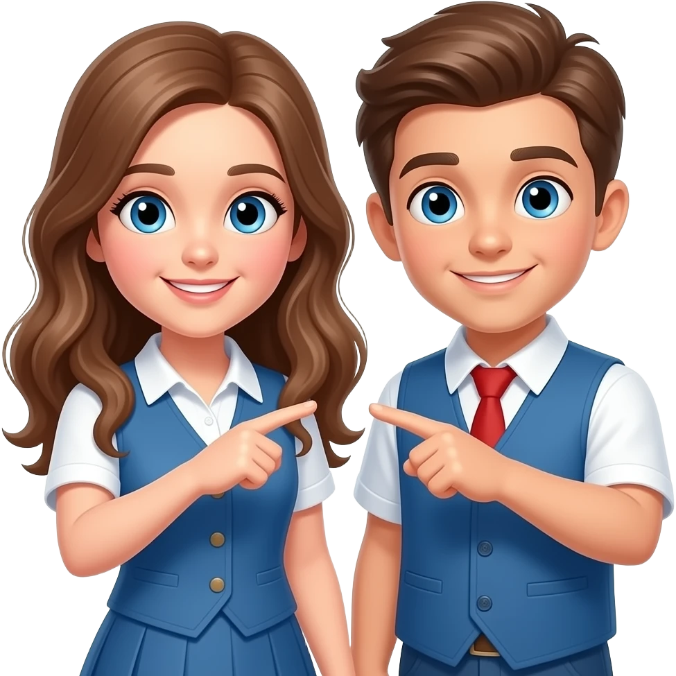 una niña i un niño señalando a un sitio detras de ellos son hermanos con ojos azules la niña tiene el pelo marron avellana i largo tiene la ropa con un peto azul i la camiseta es blanca el cuerpo completo emoji