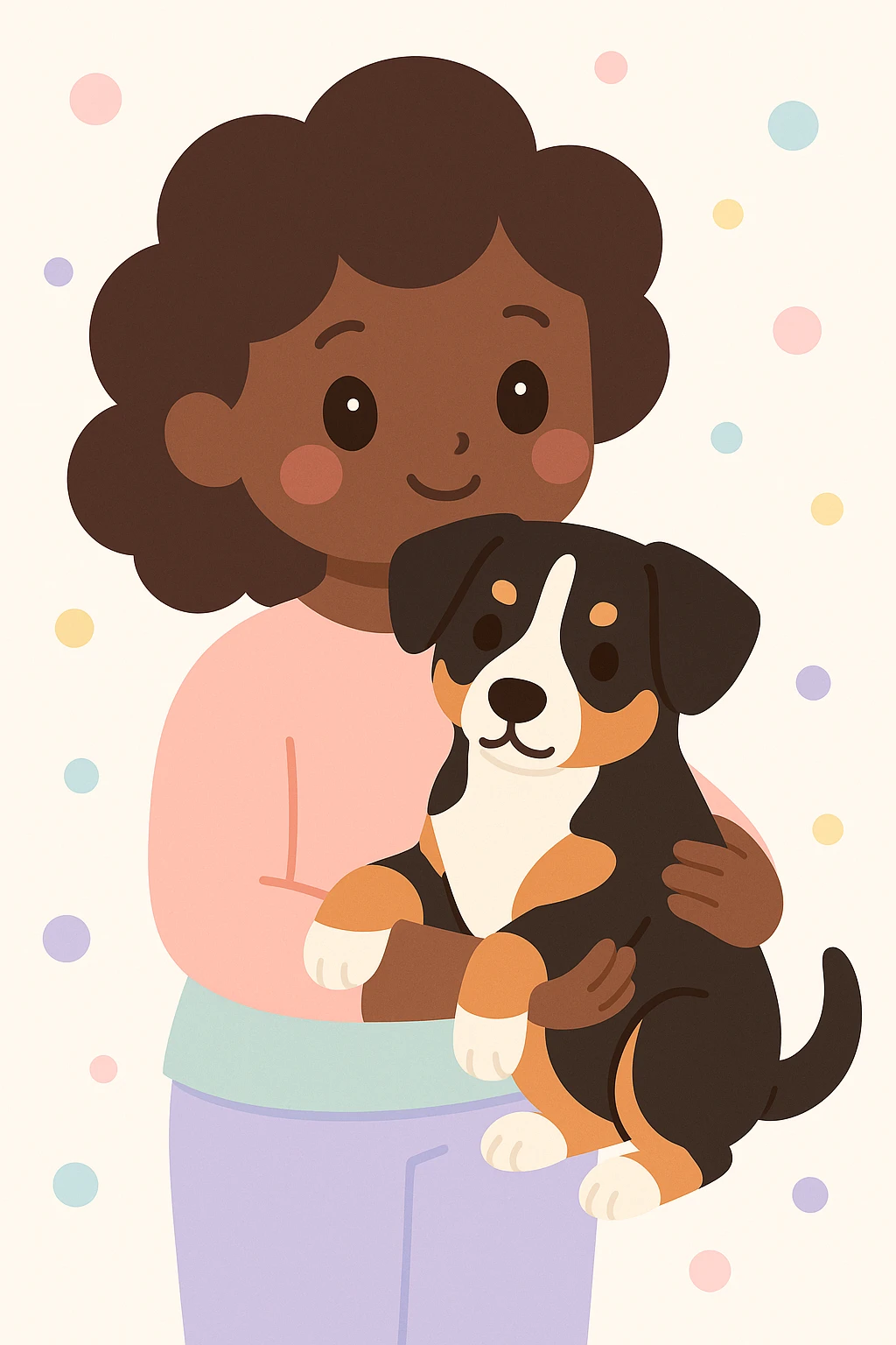 dark-skinned woman holding an Entlebucher Sennenhund, big eyes, cheerful, simple background emoji
