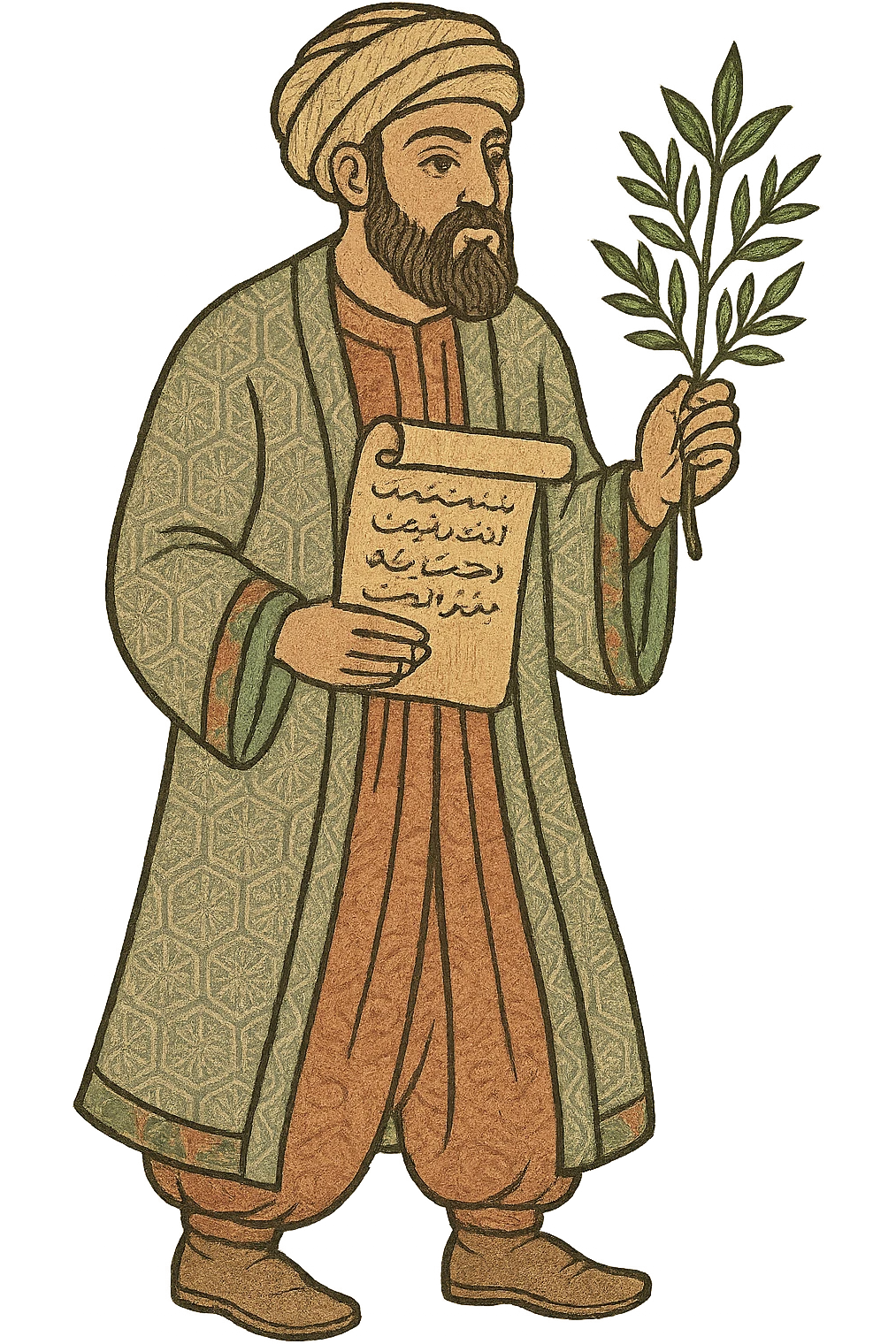 The full body of a medieval islamic doctor holding a medieval script and some herbs emoji