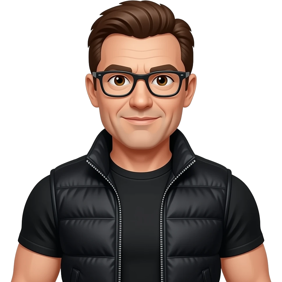 Brown hair, 50 years old, glasses, black gilet, brown eyes, black round neck t shirt, sporty, muscular emoji