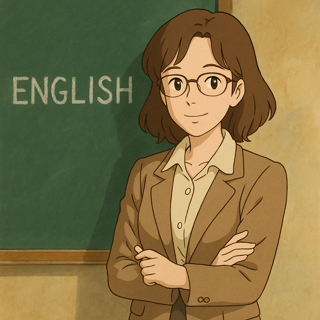 woman English teacher with brown hair, standing by a chalkboard, in ghibli style emoji