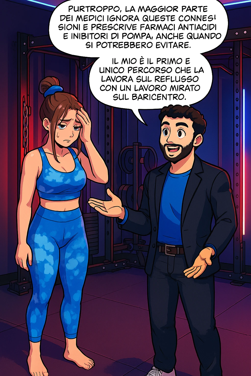 TRASFORMA QUESTO CAROSELLO IN UN FUMETTO STILE WEBTOON/MANGA A COLORI CON QUESTE DUE PERSONE IDENTICHE CHE INTERLOQUISCONO TRA LORO, L'uomo sta spiegando alla donna questo concetto MENTRE LA DONNA SI TIENE la mano sulla fronte sconcertata:

LUI (UOMO): Purtroppo, la maggior parte dei medici ignora queste connessioni e prescrive farmaci antiacidi e inibitori di pompa, anche quando si potrebbero evitare.
Il mio è il primo e unico percorso che lavora sul reflusso con un lavoro mirato sul baricentro; emoji
