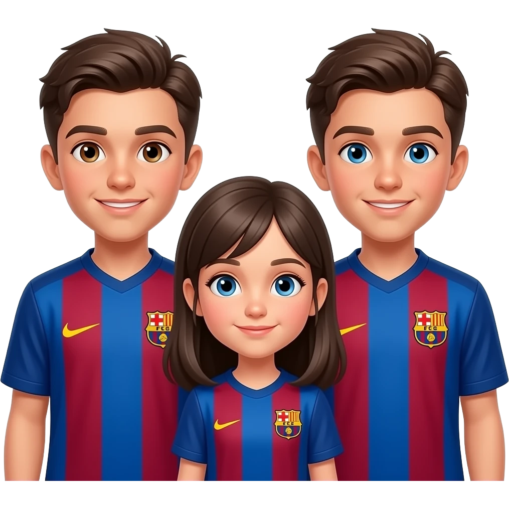 3 enfants, 1 garçon plus agé, 1 garçon moins agé que le premier et 1 fille la plus jeune, les garçons ont les yeux marrons, la fille les yeux bleus, les garçons ont un maillot du FC Barcelone emoji