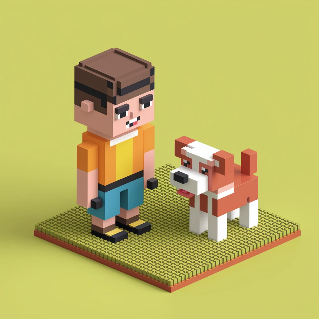 kid and his pet dog in 3d voxel style  emoji