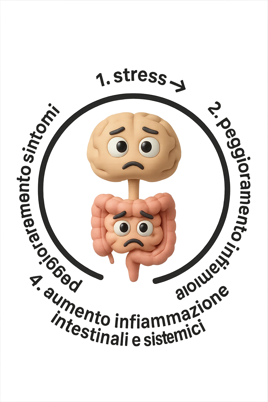 EMOJI STILE IPHONE 3D DI un cerchio con queste scritte che girano intorno in ordine per come li ho scritti "1. stress → 2. peggioramento intestinale → 3. aumento infiammazione → 4. peggioramento sintomi intestinali e sistemici." al centro del cerchio metti un cervello e intestino umani collegati verticalmente con espressione dubbiosa in volto, FALLO MOLTO REALISTICO IN 3D emoji