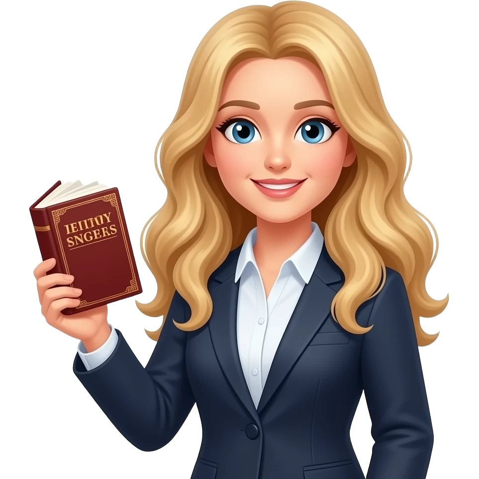 a teacher with long wavy blond hair with the dictionaty in the right hand emoji