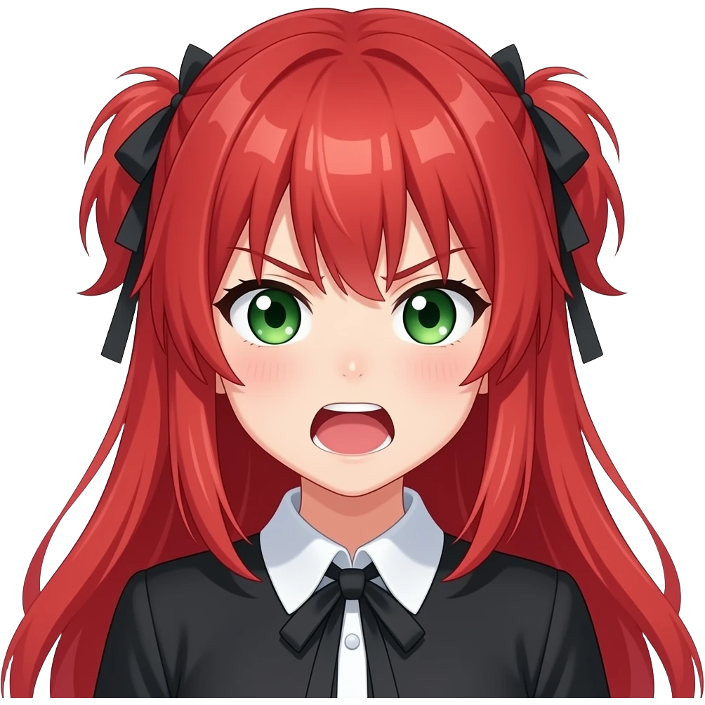 anime girl rage red hair green eyes black blouse with white collar emoji