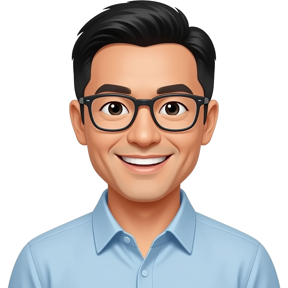 An emoji showing only the bust of a cheerful-looking Asian man in his early 30s wearing glasses and smiling emoji