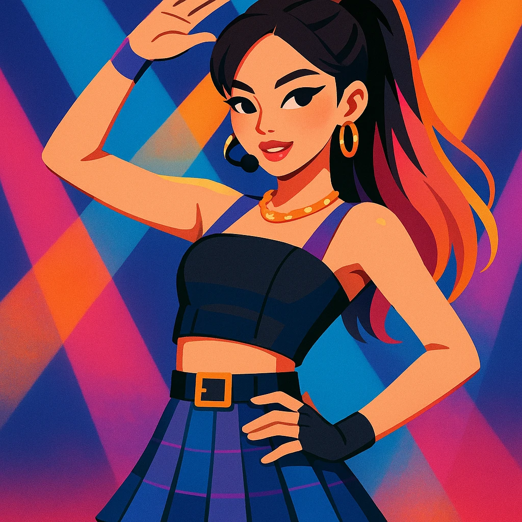 K-pop girl, stylish stage outfit, trendy hair, confident pose, modern pop style, vibrant toon style, colorful, dynamic lighting emoji