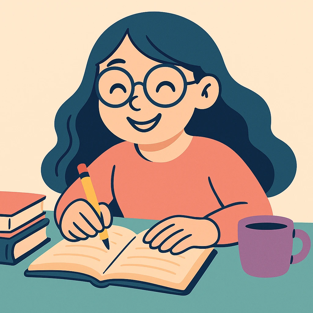 Make the studious girl smile, keep her long hair and glasses, working intently, soft pastel illustration style with gentle colors, smooth shading, and a calm mood. emoji