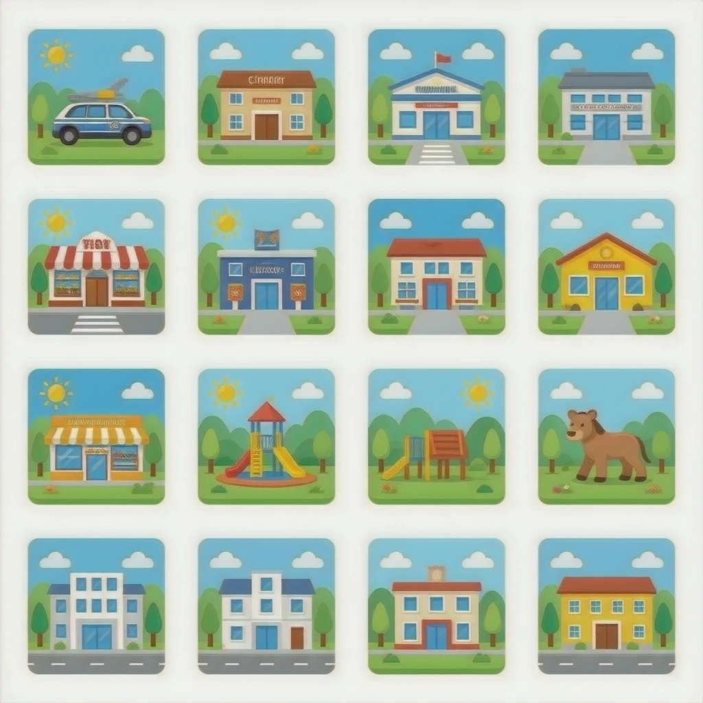 Police station, fire station, airport, restaurant, supermarket, library, cinema, toy shop, playground, zoo, museum, office, hospital, and school emoji