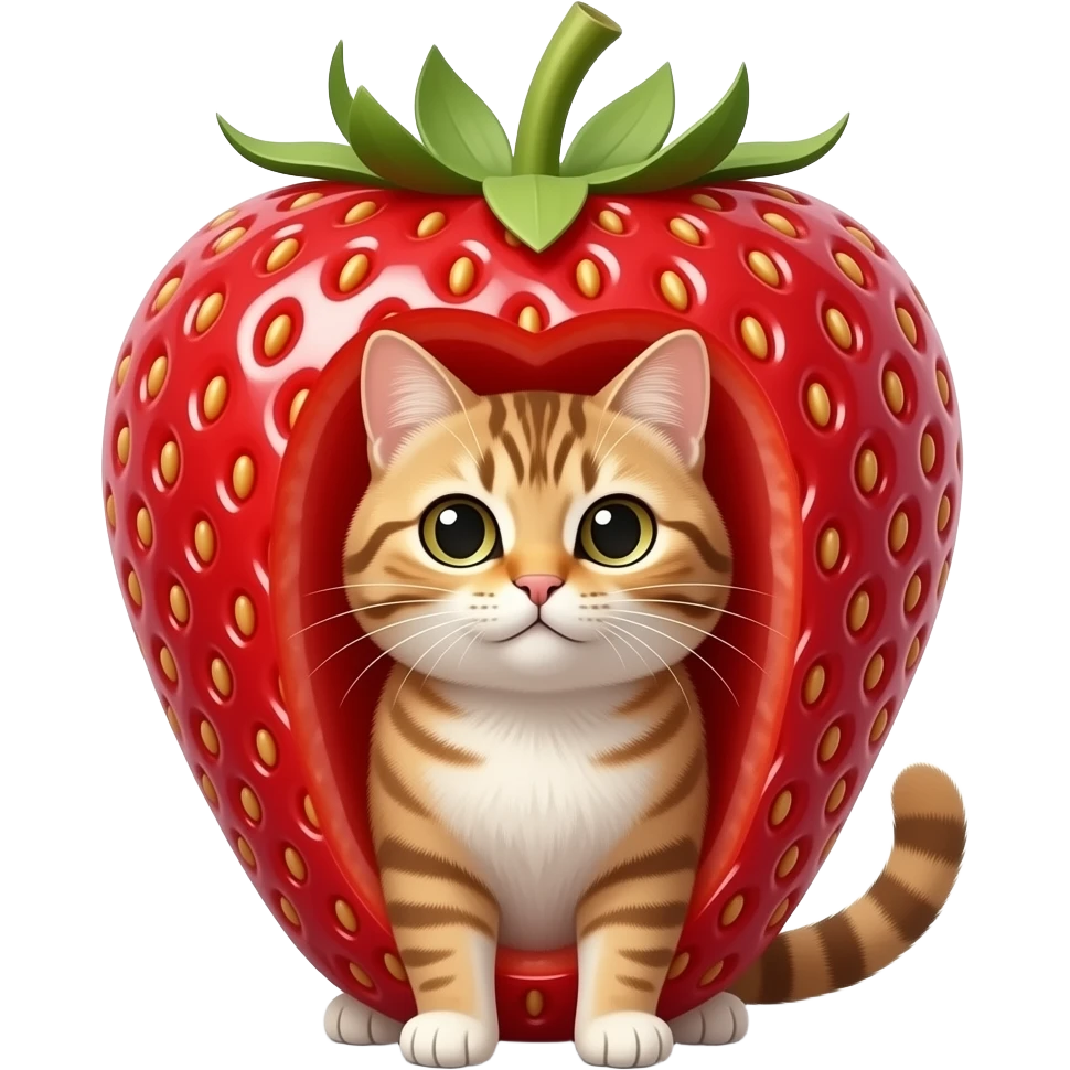 A cat that is inside a strawbarries and her body is covered make it meme emoji