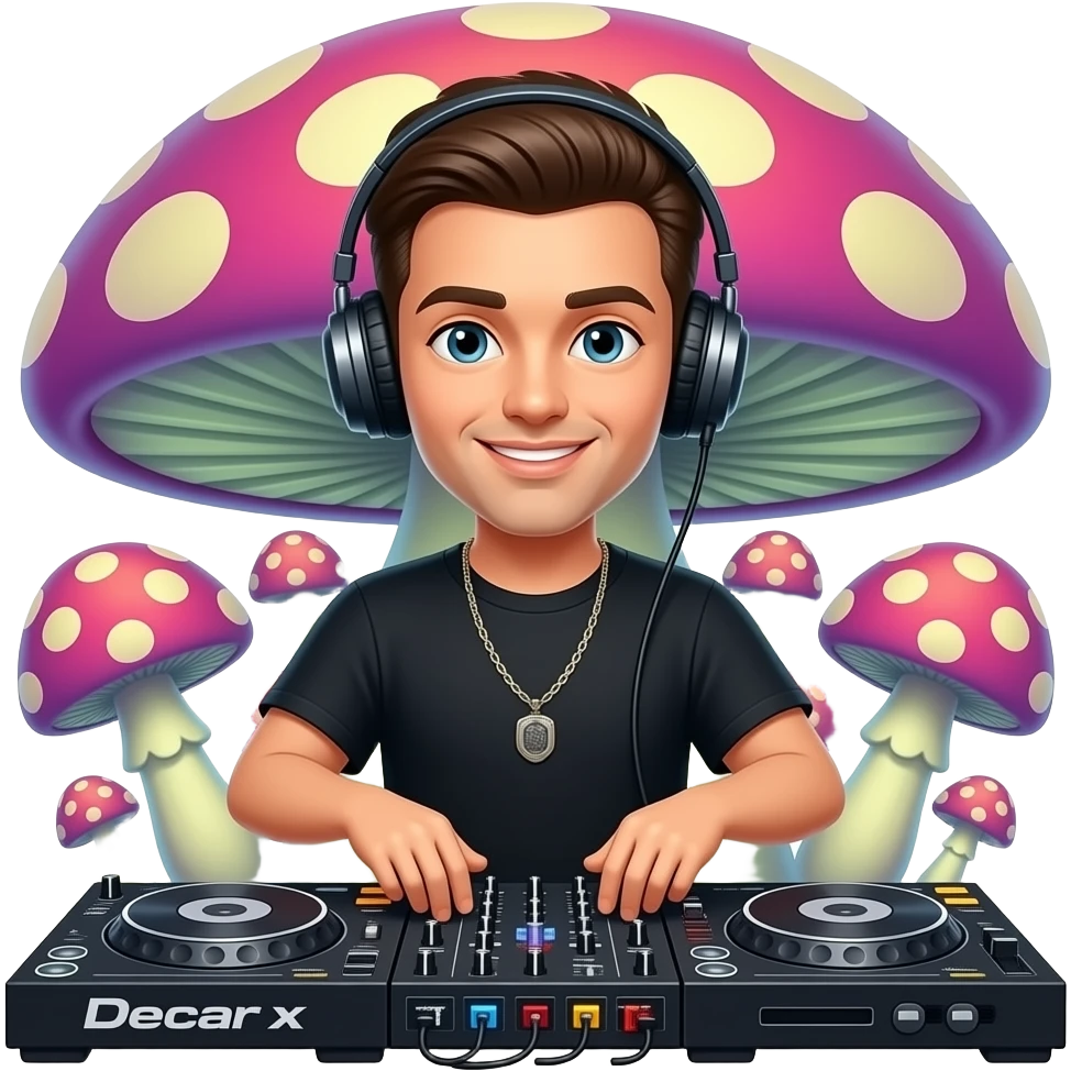 Show a DJ behind a console with psychedelic mushrooms background emoji