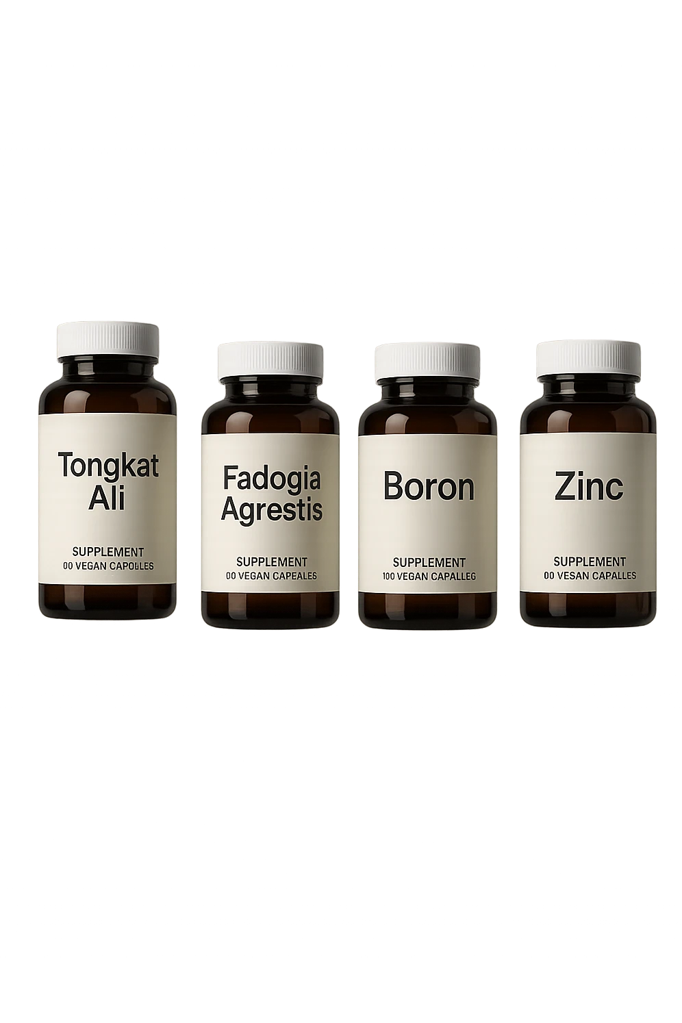 4 boccette di integratore: Tongkat Ali, Fadogia Agrestis, Boron e Zinco fluttuano in aria verticalmente emoji