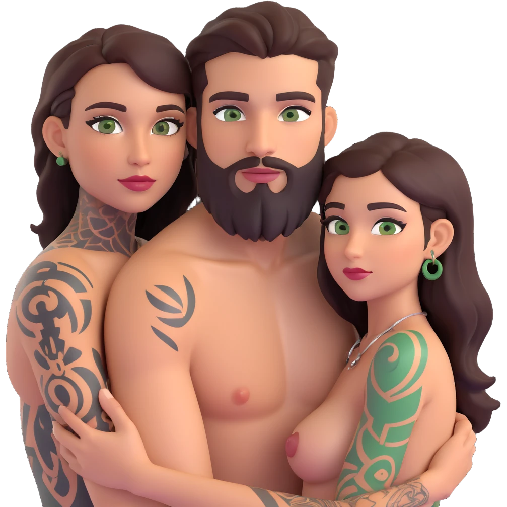 Short Brown eyed Latina woman with pierced nipples, small breasts and tattoos having sex with a tall white man with green eyes and a beard for Christmas emoji
