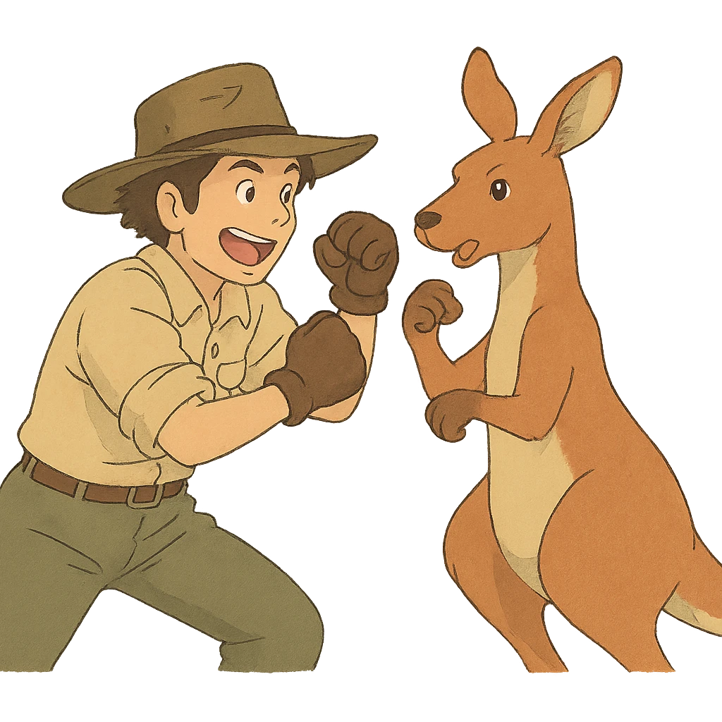 ghibli style illustration of a man with an Australian hat in a playful fight with a kangaroo emoji