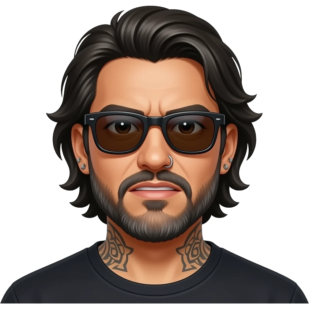 The handsome manly Latino podcast host with medium length hair, a long  slightly graying beard and tattoos with his ears pierced and a nose ring on the right side, dark brown eyes, dark sunglasses, really mad emoji