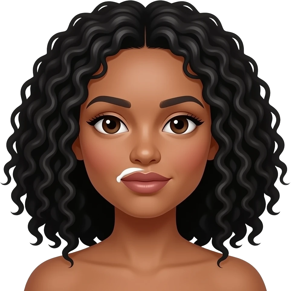 Medium dark skinned woman with black curly shoulder-length hair spreading cream above her upper lip. emoji