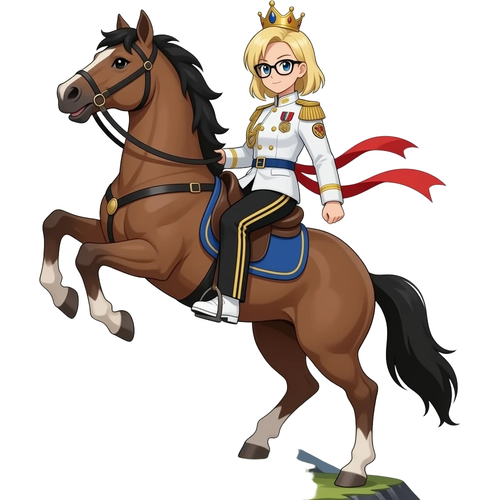 blonde shoulder length haired female android 18 from dragon ball super are wear gold tiara black glass white military tunic arm badge shoulder cord medal red sash blue belt black trouser with two side stripes white shoes have riding on horse rearing up top of mountain showing heroic emoji
