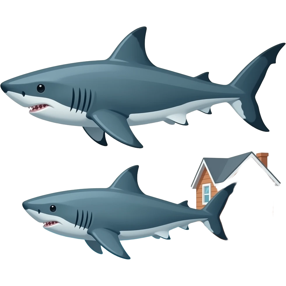 2 sharks swimming near ocean front house emoji