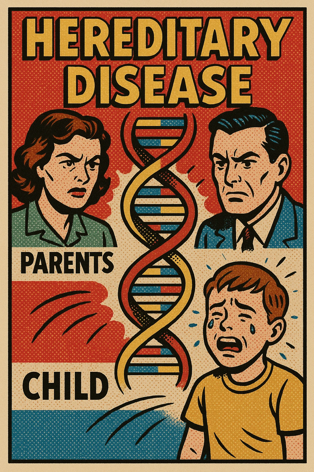 A poster showing how hereditary diseases are passed down through DNA from parents to their child emoji