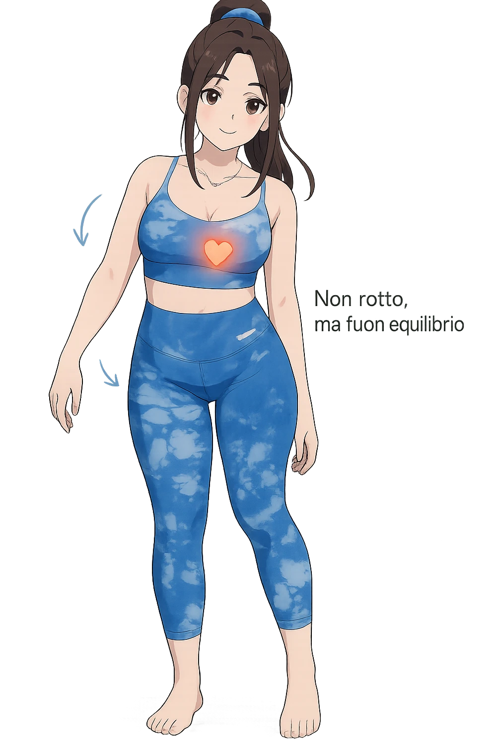 stile manga a woman stands in a relaxed pose, with a gentle, confident expression. Her body is shown with subtle, curved lines or arrows indicating areas of imbalance (such as a slight tilt in the shoulders or hips), but no signs of injury or damage. A soft glow or heart symbol at her core emphasizes resilience and the message “Non rotto, ma fuori equilibrio” The background is clean and clinical, with light blue tones. emoji