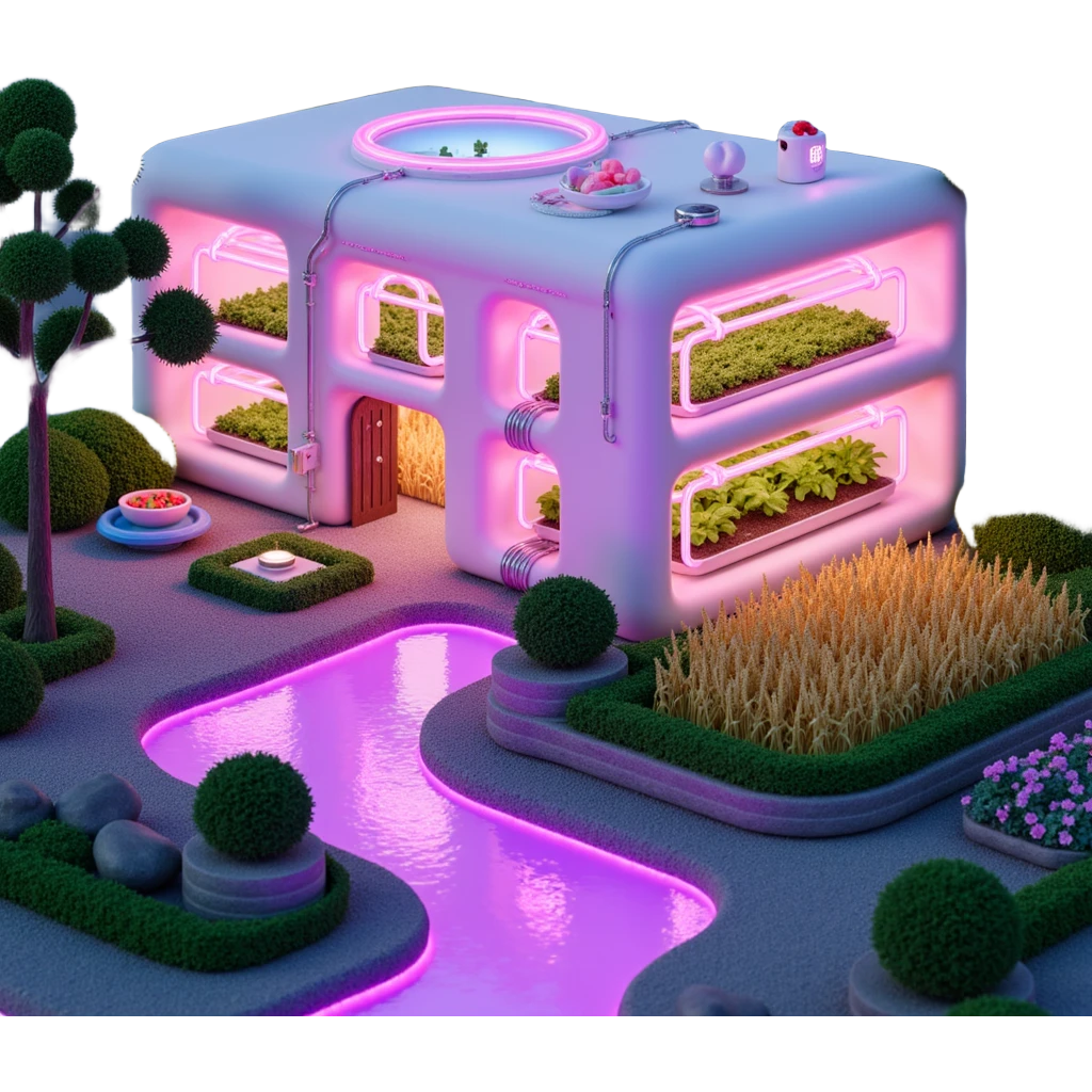 Exterior view of a futuristic hydroponic farm with glowing neon pipes and transparent water channels, sleek buildings shaped like nutrient tanks, vegetables and wheat growing in vertical layers, surreal atmosphere, emoji-style emoji
