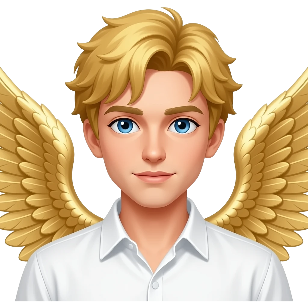 male angel with blue eyes golden hairs white shirt and golden wings emoji