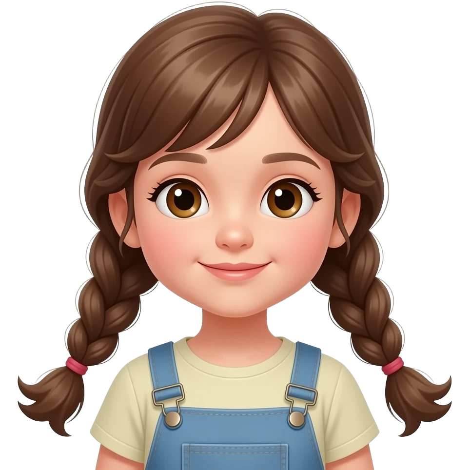 Niña pequeña con dos coletas muy largas y onuladas marones y ojos marrones con ropa emoji