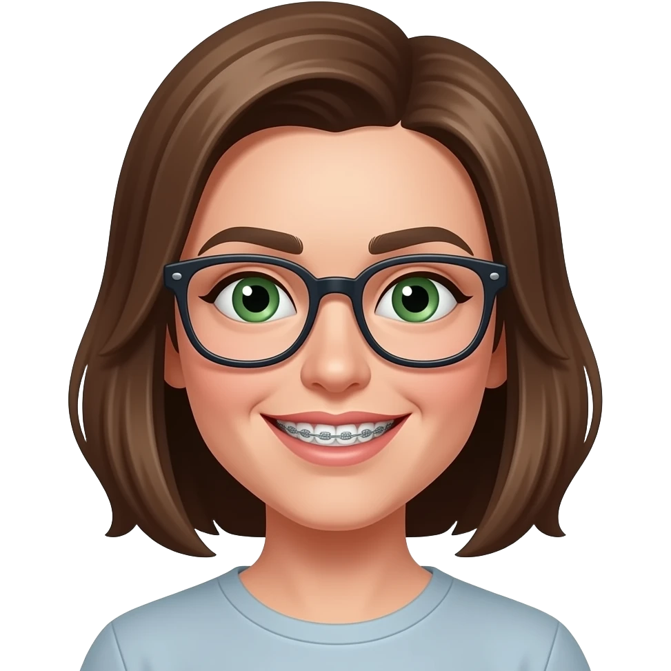 Julie with green eyes and ONE large freckle on forhead over LEFT eyebrowwith glasses with braces and buck teeth emoji