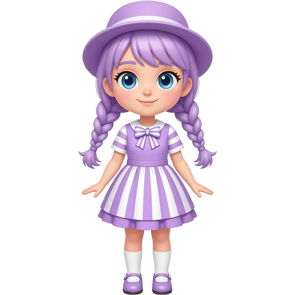 A girl with pale purple hair tied in two braids, and blue eyes and wearing a pale purple dress with pale purple and white striped short sleeves, a pale purple and white striped skirt with a pale purple frill, a pale purple and white striped bow, a pale purple hat, white socks and pale purple shoes. emoji