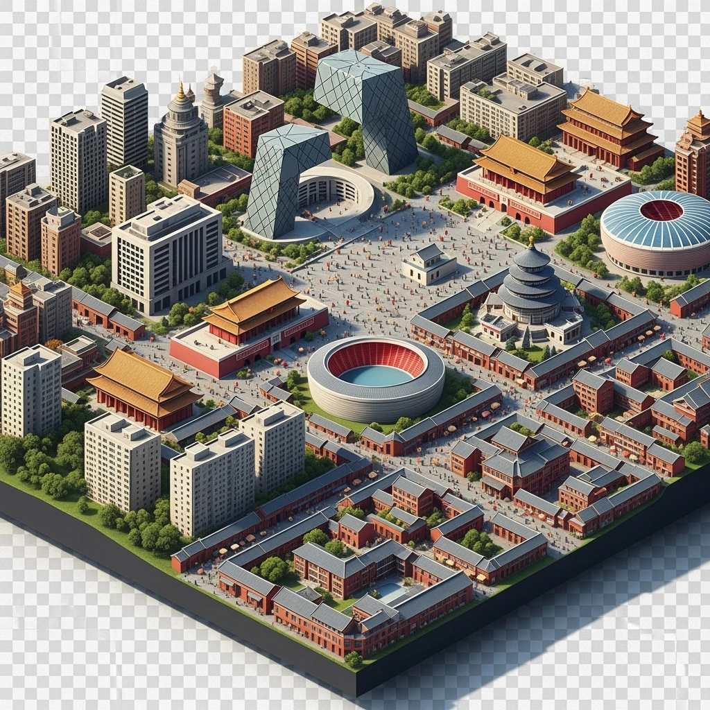Isometric miniature of Beijing Forbidden City, Tiananmen Square, CCTV Headquarters, Temple of Heaven, Beijing National Stadium and crowded hutong alleys, sprawling apartment blocks, 3D miniature effect and Tilt Shift effect, no cartoonish look, transparent background. emoji