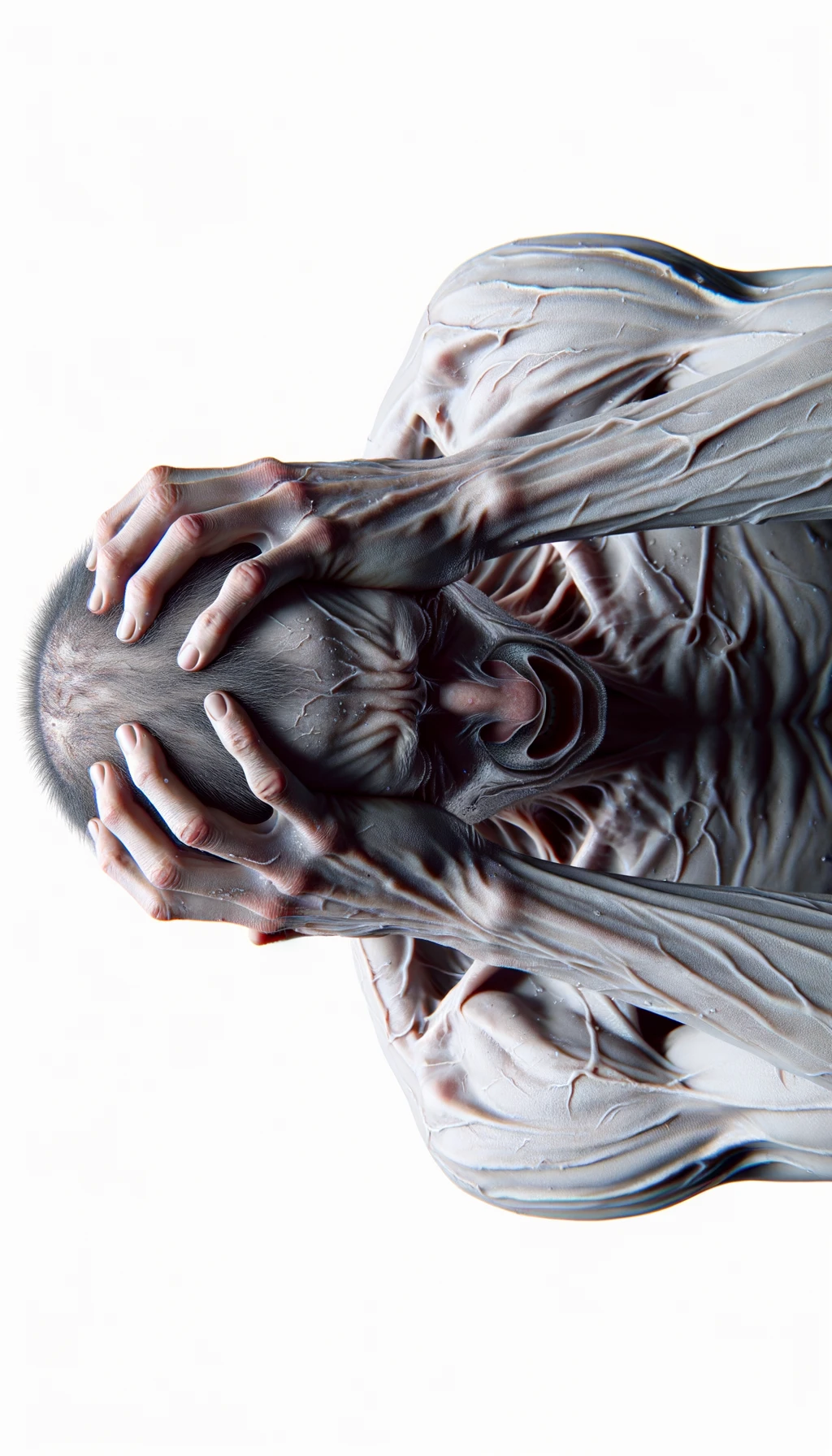CORPO UMANO ANATOMICO REALISTICO CON COLORI REALISTICI DISPERATO, POSA FRONTALE,  SI TIENE LE MANI SULLA FRONTE E NON SA COSA FARE, SUDATO, IPERREALISTICO 4K, SFONDO BIANCO emoji
