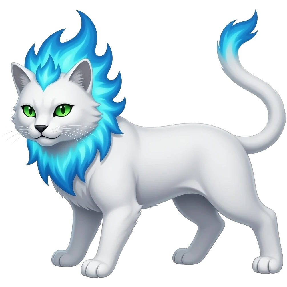 A sleek white feline with a mane of living blue fire and green eyes that glow in darkness. It is proud, fast, and fiercely territorial. emoji