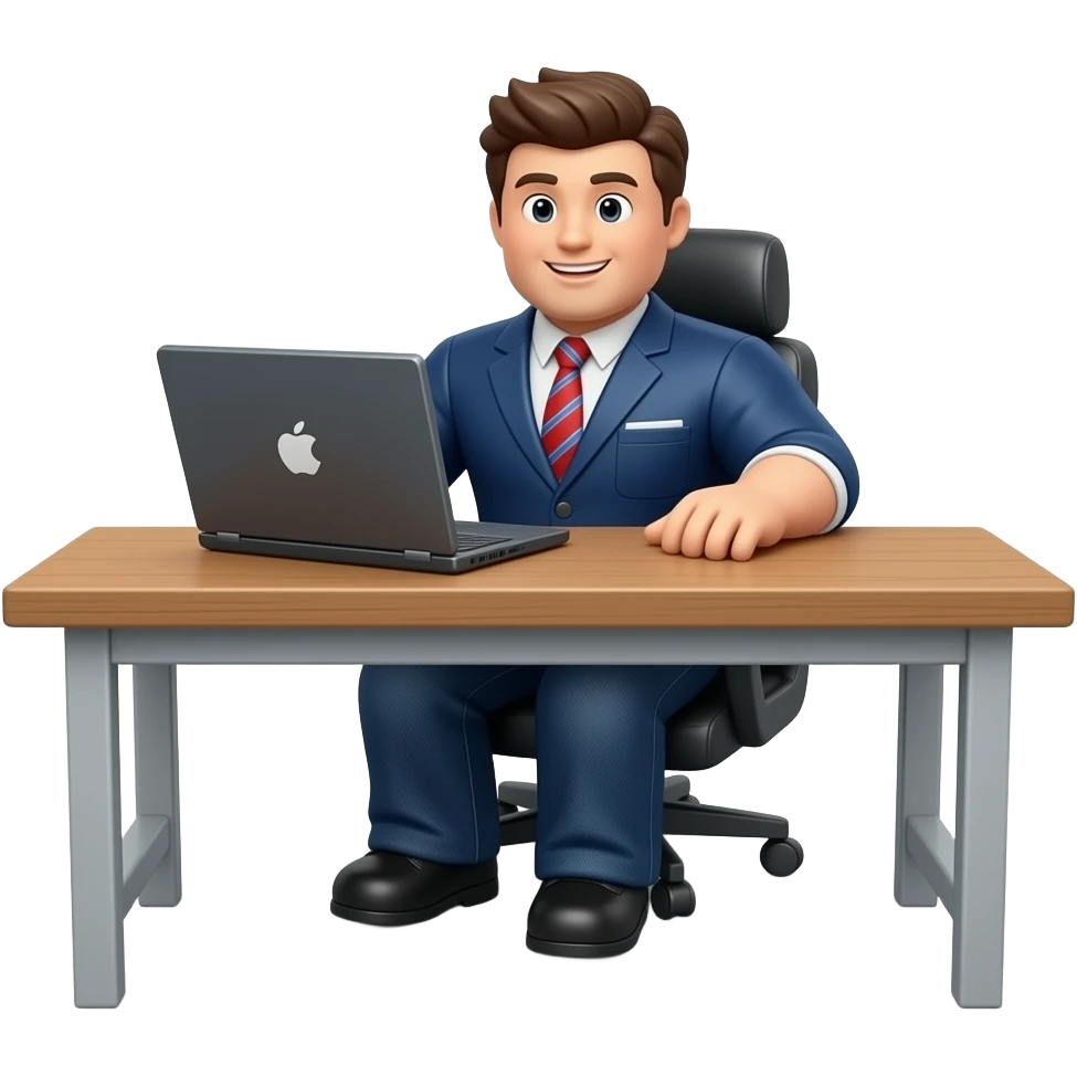 Genera un personaje de Roblox de cuerpo completo sentado en un escritorio con una laptop emoji