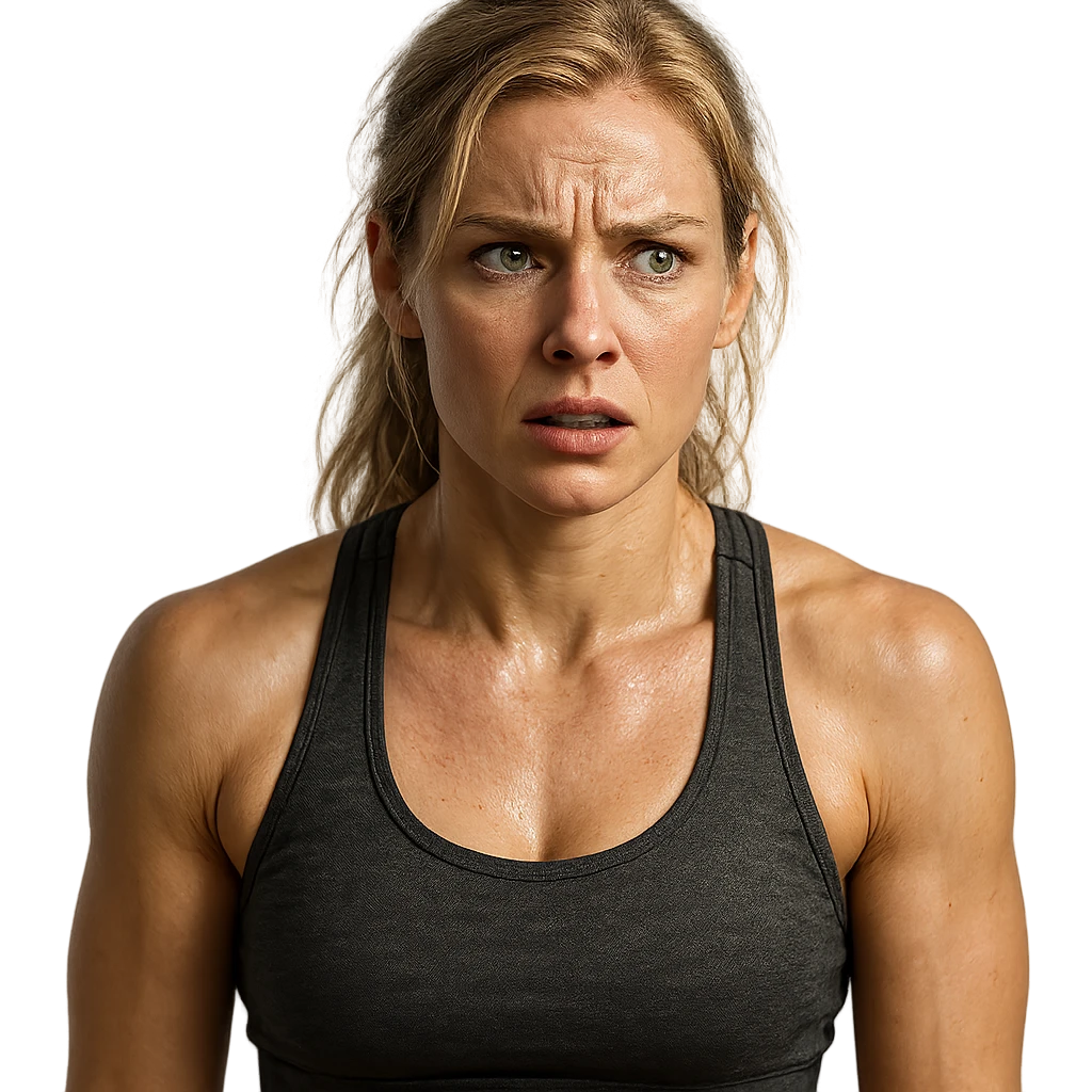 donna fitness bionda e bella ma nervosa, iperrealistica 4k emoji