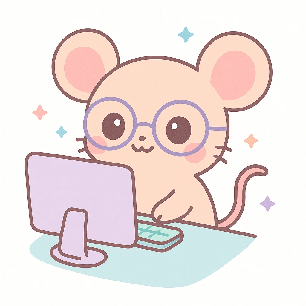 cute mouse wearing glasses using a computer, kawaii cartoon style emoji