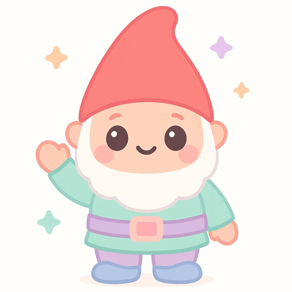 cute garden gnome, waving, red hat, kawaii style, adorable, colorful, charming emoji