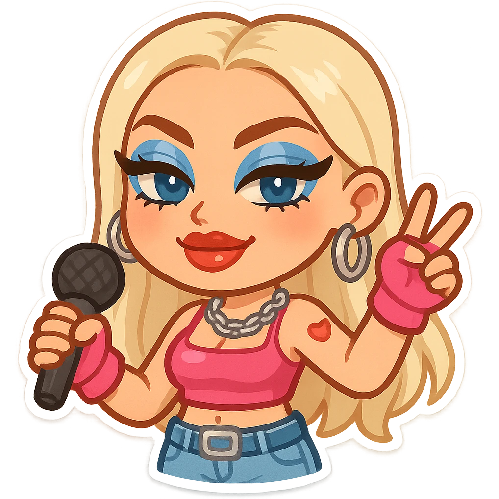 Slayyyter pop star emoji, bold makeup, platinum blonde hair, Y2K fashion, confident expression, vibrant colors emoji