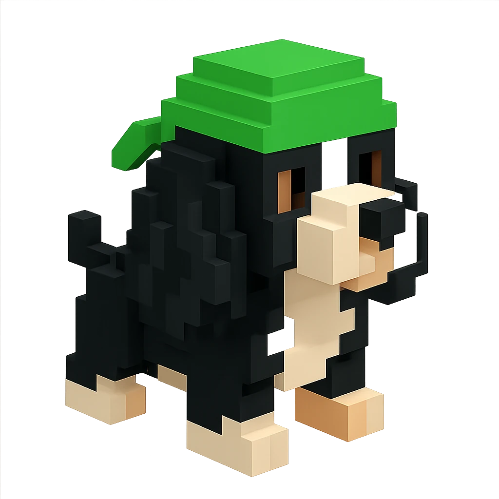 A black and white Russian Cocker Spaniel puppy wearing a green durag, voxel style, facing right emoji