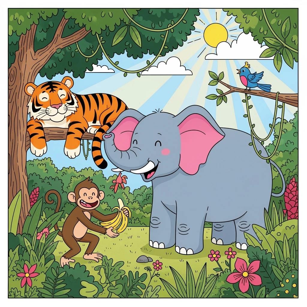 hand drawn digital illustration of jungle safari in the style of children's illustration emoji
