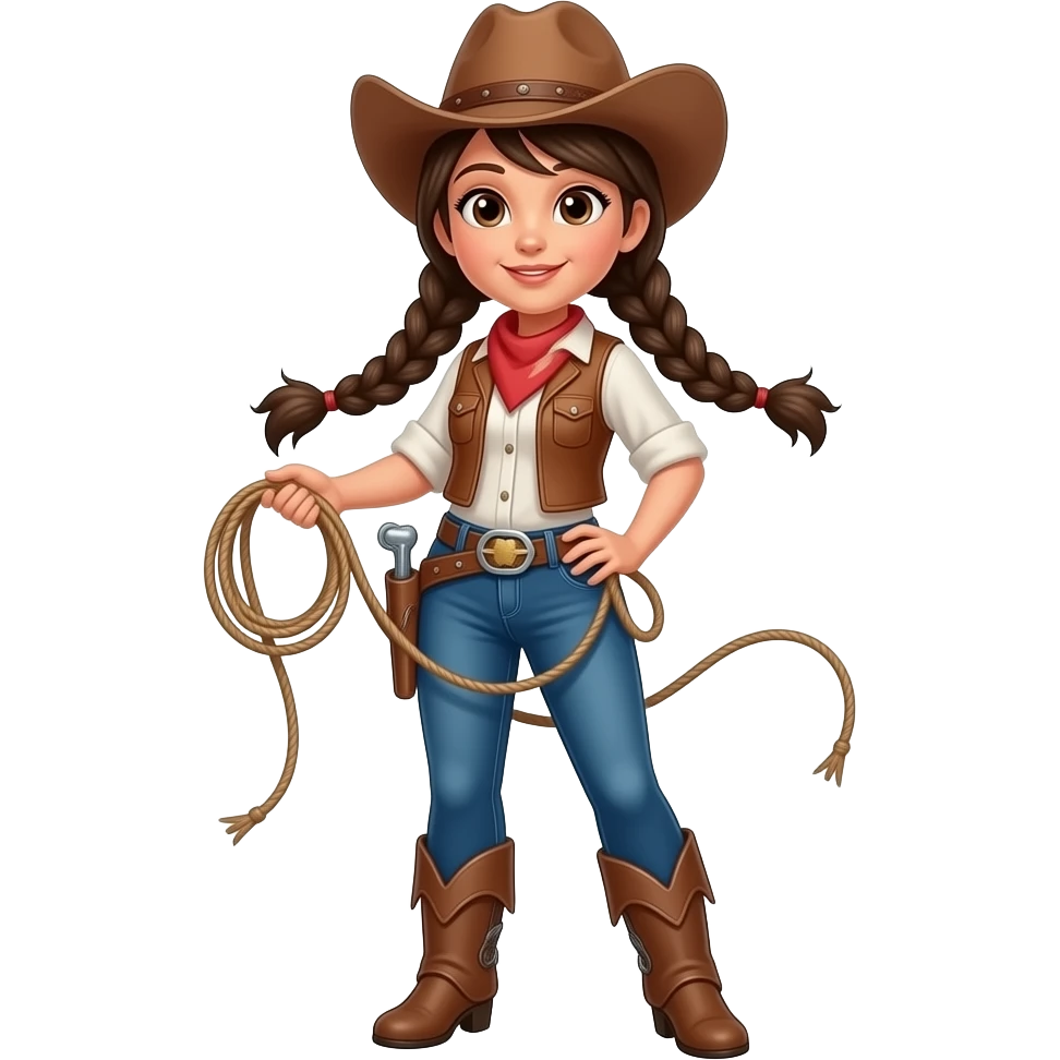 Brunette/ 2 long braid/ outfit cow girl/ entire body/ lasso emoji