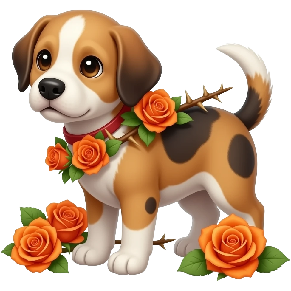 Puppy with bright orange roses and thorns emoji