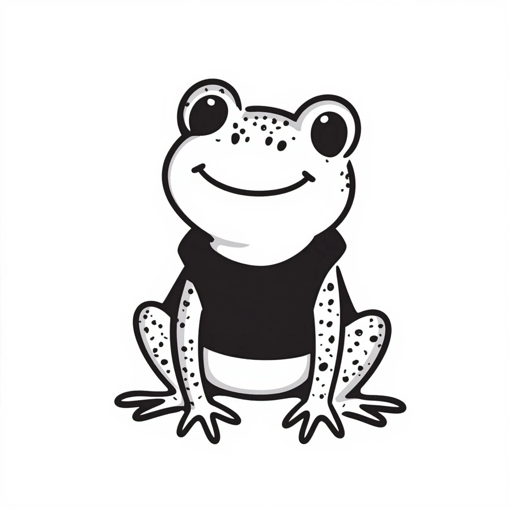 hand-drawn doodle of a smiling frog, black ink style emoji