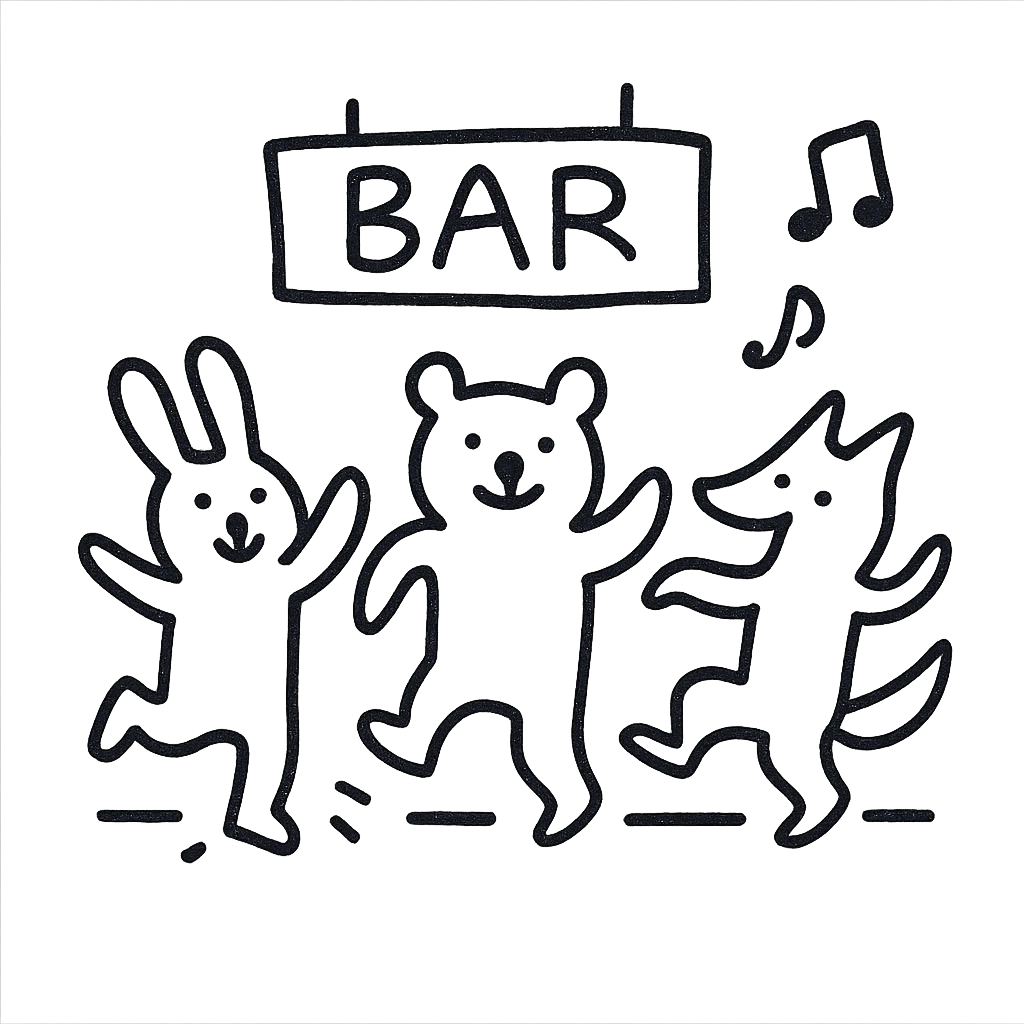 cute line drawing for coloring: a group of animals dancing in a bar, simple line style, no fill, for children to color emoji