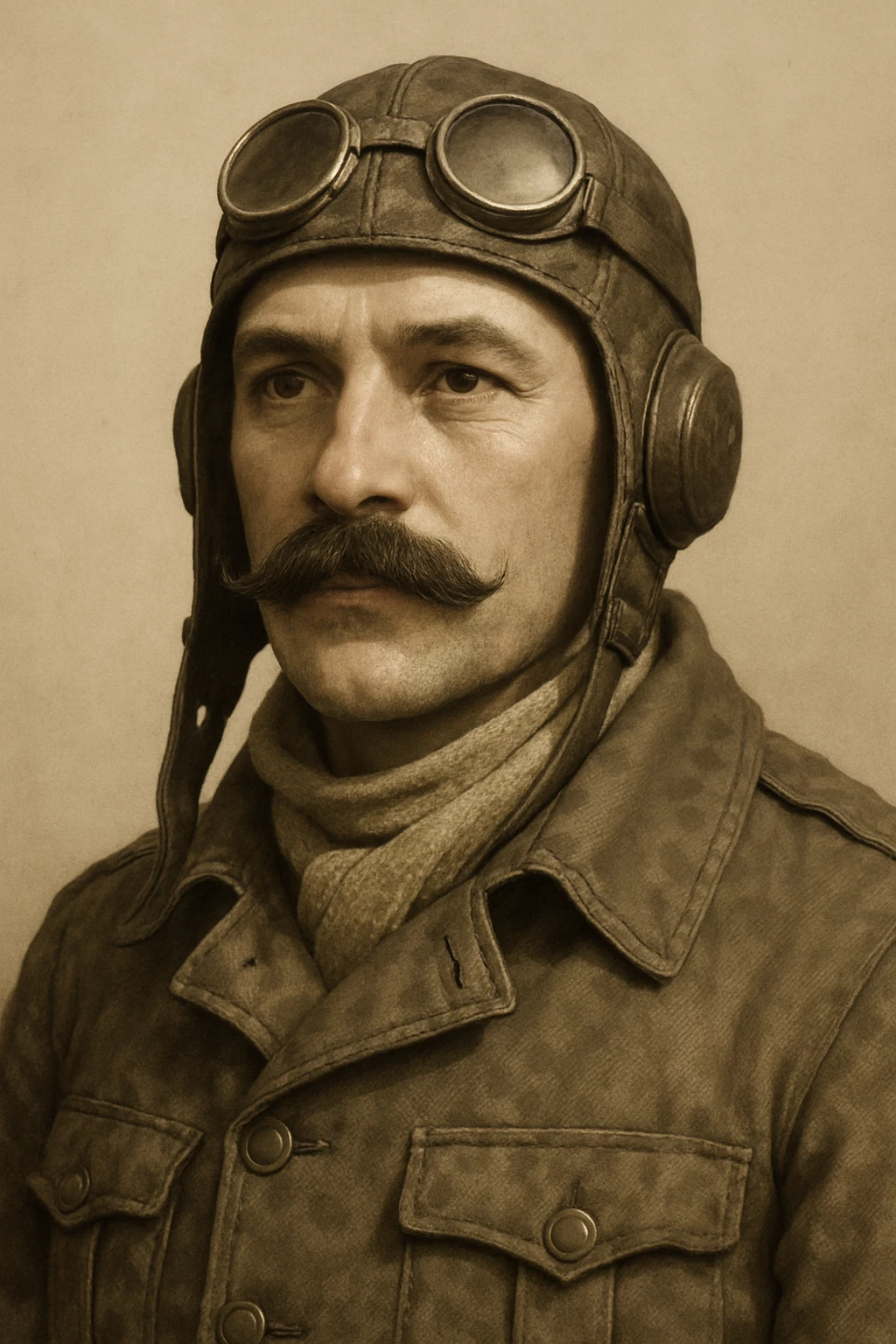 a pilot from vintage biplane era, wearing leather helmet and mustache, neutral background emoji