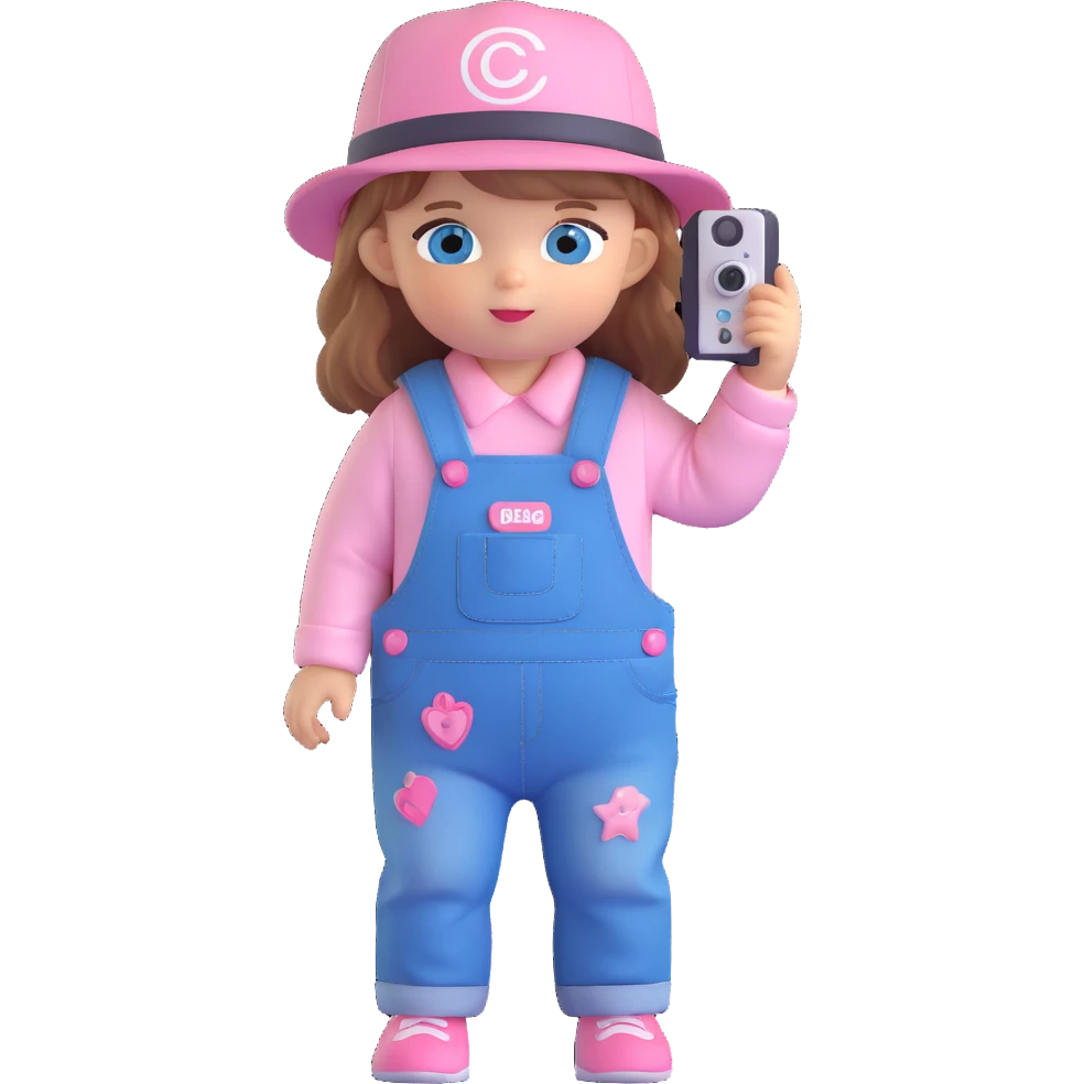 3D cartoon character design of a cute baby girl with golden brown hair, big blue eyes, pink blush, wearing denim overalls with the word 'cute' printed on her clothes, a cute hat, big head and small body, holding a camera, back view emoji